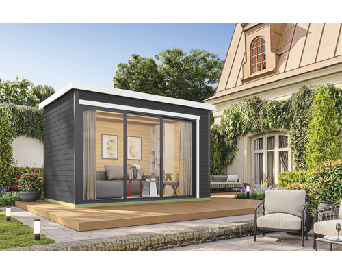 Modernes Gartenhaus mit Schiebetür und Terrasse im Garten.