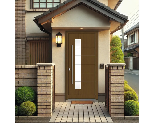 Haustür mit Glaseinsatz und Edelstahlgriff in einem Wohnhaus