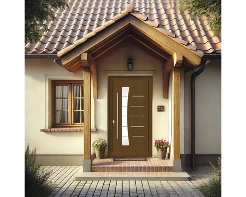 Ansicht eines Hauses mit einer modernen Haustür mit Glaselementen und einer Überdachung.