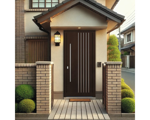Haustür mit Seitenteilen und Briefkasten in einem Hauseingangsbereich