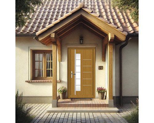 Hausfassade mit Haustür aus Holz und Glaselementen