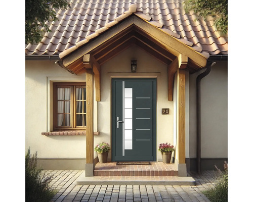 Eingangsbereich eines Hauses mit einer modernen Haustür mit Glaseinsatz.