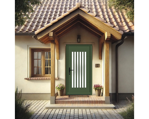 Grüne Haustür mit weißen Glaseinsätzen und Haustürvordach