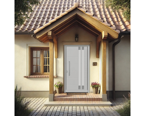 Haustür mit Glaselementen in einem Hauseingangsbereich