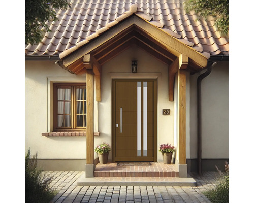 Haustür mit Seitenelementen und Hausnummer am Hauseingang