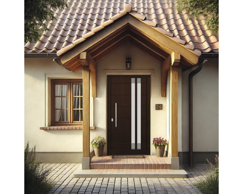 Eingangsbereich eines Hauses mit Haustür, Fenster und Ziegelpflasterung