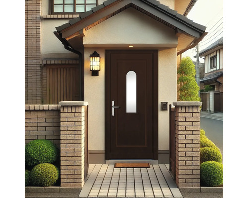 Eingangsbereich eines Hauses mit Haustür und Ziegelsteinzaun