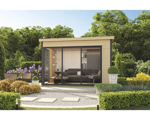 Modernes Gartenhaus mit Schiebetüren, Lounge-Bereich und gepflegtem Garten