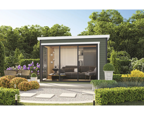 Gartenszene mit Gartenhaus, Terrasse, Gartenmöbeln und Bepflanzung