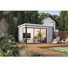 Modernes Gartenhaus mit Terrasse und Gartenmöbeln