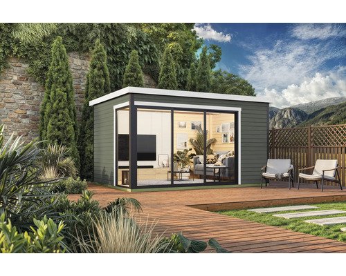 Modernes Gartenhaus mit großem Fenster und Terrasse