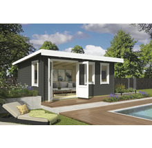 Gartenhaus mit Terrasse, Pool und Liegestuhl im Garten