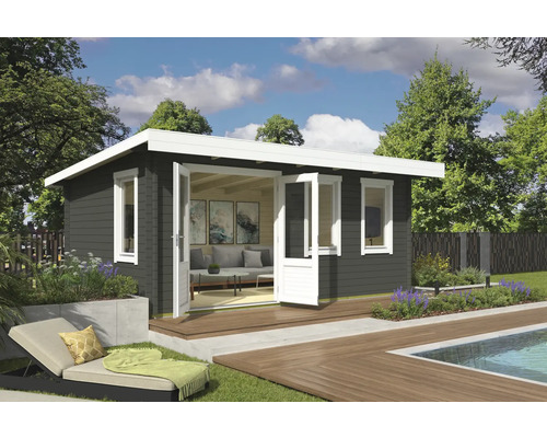 Gartenhaus mit Terrasse, Pool und Liegestuhl im Garten