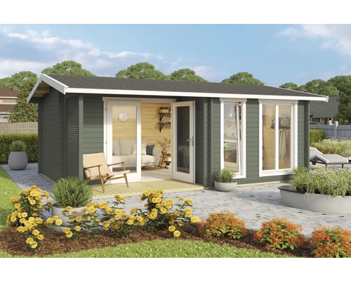 Gartenhaus Outdoor Life Brighton 44 inkl. Fußboden 580 x 429,9 cm graugrün Gartenhaus mit Terrasse, Gartenmöbeln und Bepflanzung