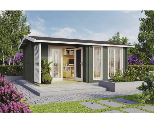 Gartenhaus mit geöffneter Doppeltür und Fenstern