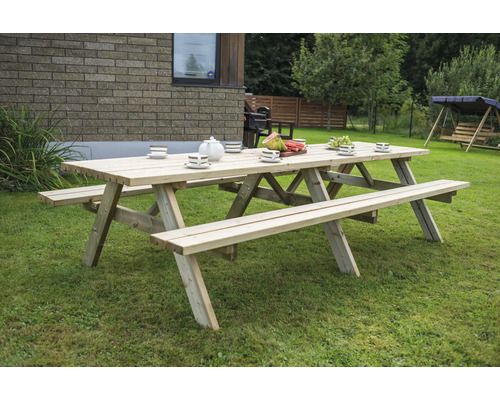 Picknicktisch aus Holz mit Bänken auf einer Rasenfläche, gedeckt mit Geschirr und Obst.