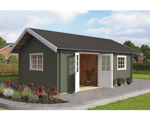 Gartenhaus Outdoor Life Caroline Set Gold inkl. Fußboden, Schlafboden, Isolierglas 675 x 489,9 cm graugrün Gartenhaus mit Doppeltür, Fenstern und Satteldach