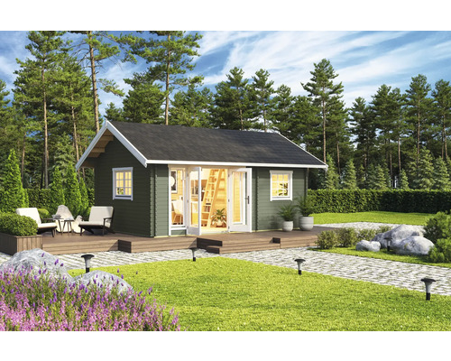Gartenhaus Outdoor Life Caroline 2.1 inkl. Fußboden 675 x 489,9 cm graugrün Garten mit Holzgartenhaus, Terrasse und Gartenmöbeln