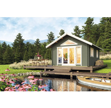 Blockhaus am See mit Terrasse und Bootssteg