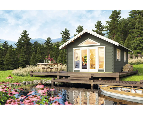 Gartenhaus Outdoor Life Caroline 2.2 inkl. Fußboden 489,9 x 675 cm graugrün Blockhaus am See mit Terrasse und Bootssteg