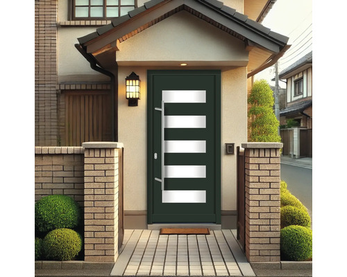 Haustür mit Glaseinsätzen und Edelstahlgriff