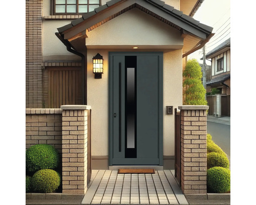 Eine moderne Haustür mit Glaseinsatz in einem Hauseingangsbereich.