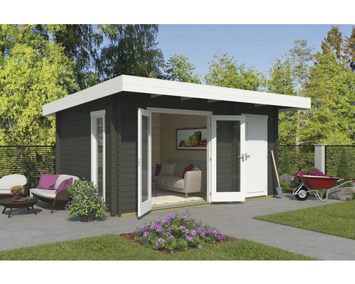 Gartenhaus Outdoor Life Chameleon 44 inkl. Fußboden 510 x 410 cm graugrün Gartenhaus mit Doppeltür, Fenster und Gartengeräten im Außenbereich