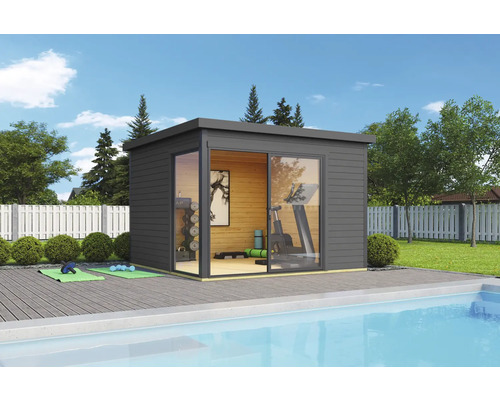 Gartenhaus Outdoor Life Domeo 1 inkl. Fußboden 319,6 x 319,6 cm carbongrau-anthrazit Holzgartenhaus mit Sportgeräten und Schiebetüren neben Pool