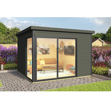 Modernes Gartenhaus mit Schiebetür und Einrichtung