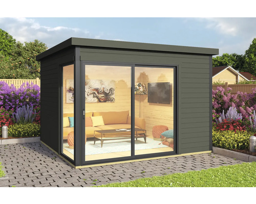 Modernes Gartenhaus mit Schiebetür und Einrichtung