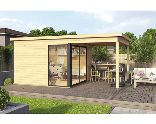 Gartenhaus Outdoor Life Domeo 2 inkl. Fußboden 524 x 319,6 cm natur-anthrazit Holzgartenhaus mit Terrasse, Grill und Sitzbereich auf einer Holzterrasse
