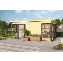 Gartenhaus mit Glasfront und Holzblumenkästen