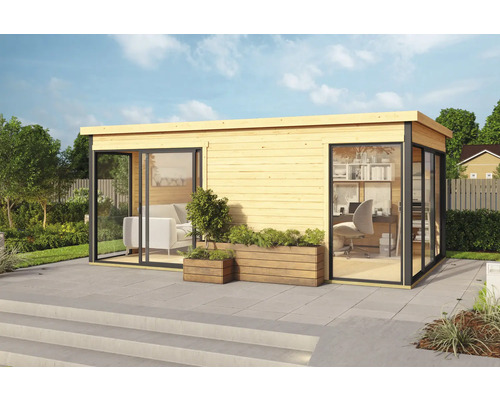 Gartenhaus mit Glasfront und Holzblumenkästen