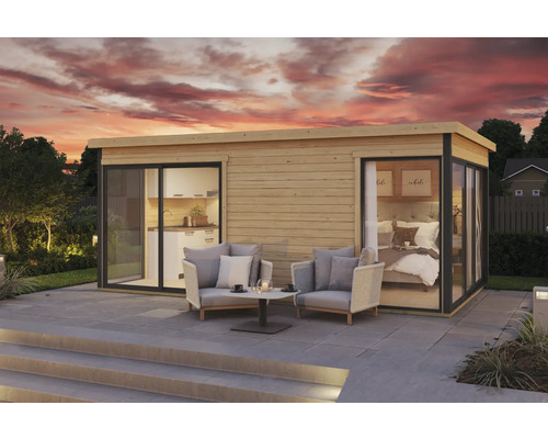 Modernes Gartenhaus mit Küche und Schlafzimmer, ausgestattet mit Sitzgelegenheiten auf der Terrasse