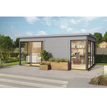 Modernes Gartenhaus mit Schiebetüren und Fensterfronten, inklusive Bepflanzung
