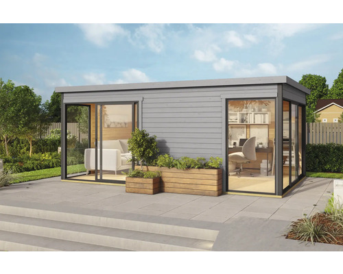 Modernes Gartenhaus mit Schiebetüren und Fensterfronten, inklusive Bepflanzung