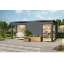 Modernes Gartenhaus mit Schiebetüren und Holzverkleidung, genutzt als Büro und Wohnraum