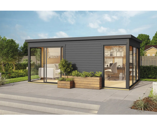 Modernes Gartenhaus mit Schiebetüren und Holzverkleidung, genutzt als Büro und Wohnraum