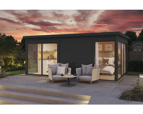 Modernes Gartenhaus mit Küche, Schlafzimmer und Terrasse mit Sitzgelegenheit