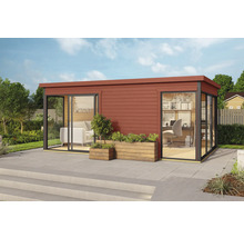 Modernes Gartenhaus mit großen Glasfronten und Holzbepflanzung