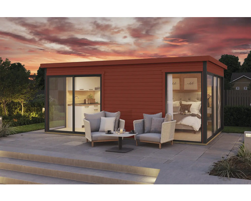 Modernes Gartenhaus mit Wohnzimmer und Schlafzimmerbereich, Sitzgruppe auf der Terrasse