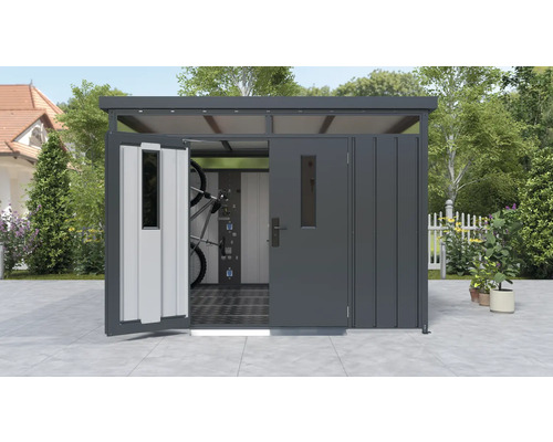 Metall Gerätehaus mit geöffneten Türen und Fahrrädern