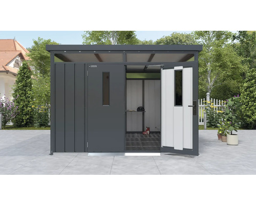 Metall Gerätehaus mit geöffneter Tür und Einblick ins Innere