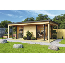 Modernes Gartenhaus mit großen Glasfronten und Büroeinrichtung