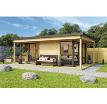 Modernes Gartenhaus mit Holzfassade, Glasfront und Terrasse mit Sitzbank