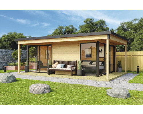 Modernes Gartenhaus mit Holzfassade, Glasfront und Terrasse mit Sitzbank