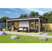 Modernes Gartenhaus mit Terrasse, Sitzbank und großzügigen Glasfronten in einem gepflegten Garten.