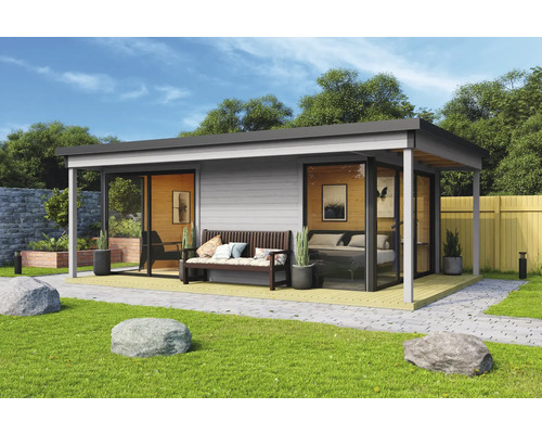 Modernes Gartenhaus mit Terrasse, Sitzbank und großzügigen Glasfronten in einem gepflegten Garten.