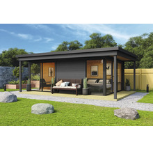 Modernes Gartenhaus mit Sitzbank und Glasfront auf einer Rasenfläche