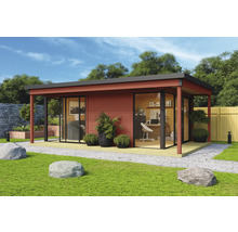 Modernes Gartenhaus mit großen Glasfronten und Büroausstattung im Garten